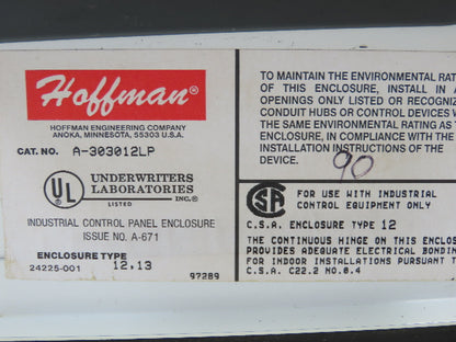 Hoffman A-303012LP Electrical Box Enclosure 30x30x12" Backplate