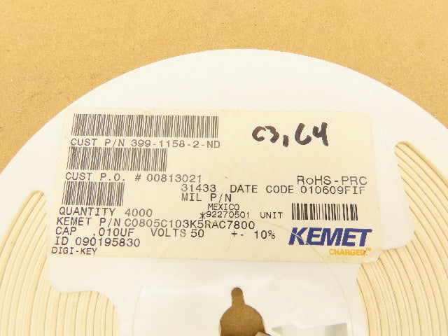 Kemet C0805C103K5RAC7800 Multilayer Ceramic Capacitors 0.01UF 50VDC 4000 Qty