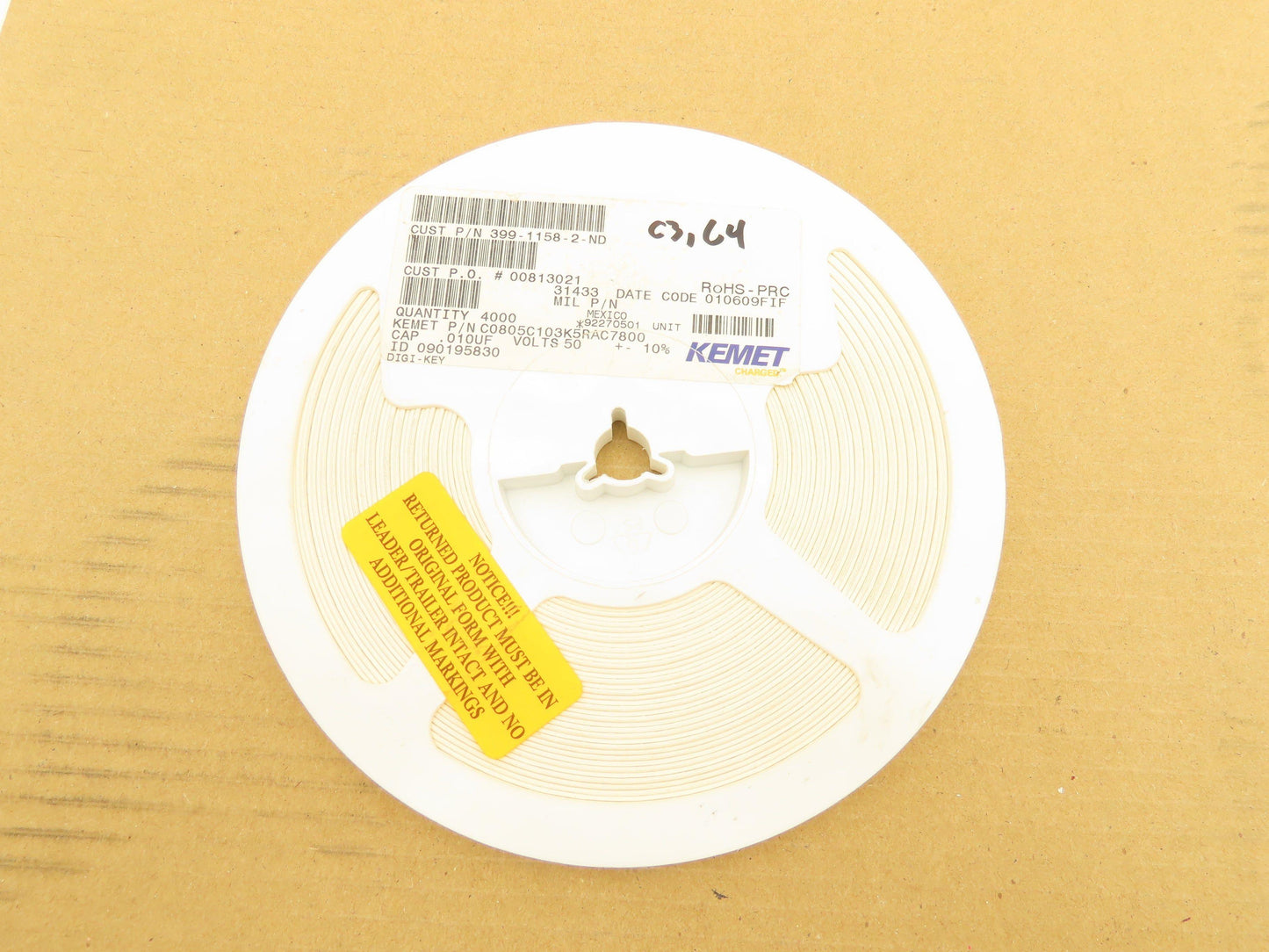 Kemet C0805C103K5RAC7800 Multilayer Ceramic Capacitors 0.01UF 50VDC 4000 Qty