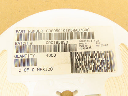 Kemet C0805C103K5RAC7800 Multilayer Ceramic Capacitors 0.01UF 50VDC 4000 Qty