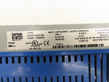 Lenze ESV371N02YXB SMVector AC Drive Variable VFD Inverter .5Hp 230V 1PH / 3PH
