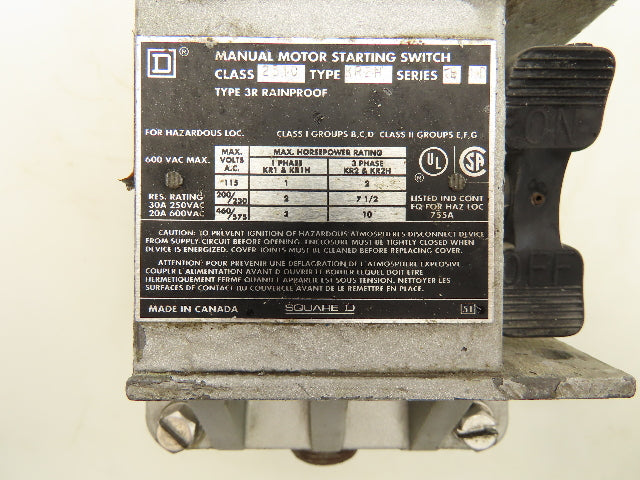 Square D 2510-KR2H Manual Motor Starter Switch 600V 30A 3PH Type 3R
