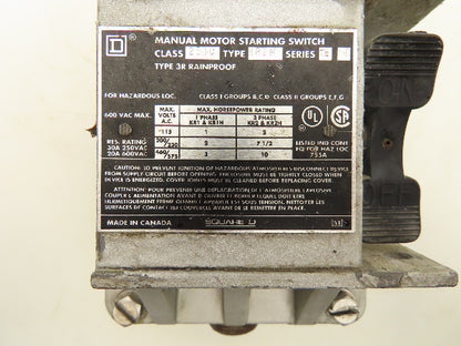 Square D 2510-KR2H Manual Motor Starter Switch 600V 30A 3PH Type 3R
