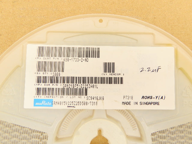 Murata GRM21BF51E225ZA01L Cap Ceramic 2.2uF 25V Y5V -20% to 80%  85°C 3000 PCS