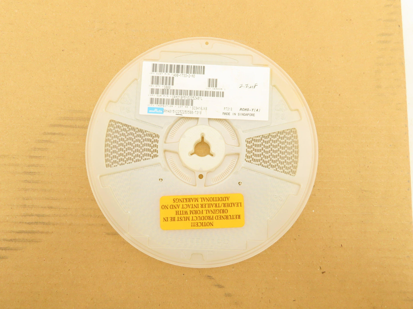 Murata GRM21BF51E225ZA01L Cap Ceramic 2.2uF 25V Y5V -20% to 80%  85°C 3000 PCS