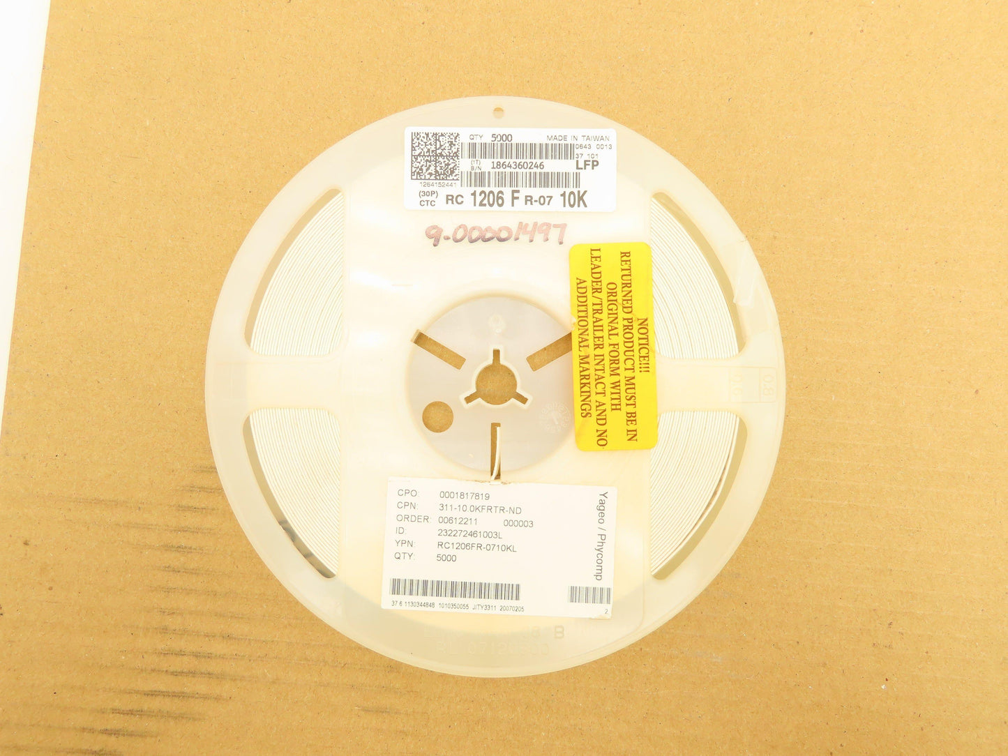 Yageo RC1206FR-0710KL Chip Resistor Tape And Reel 10 kOhms ± 1% 1/4W 5000 Pcs