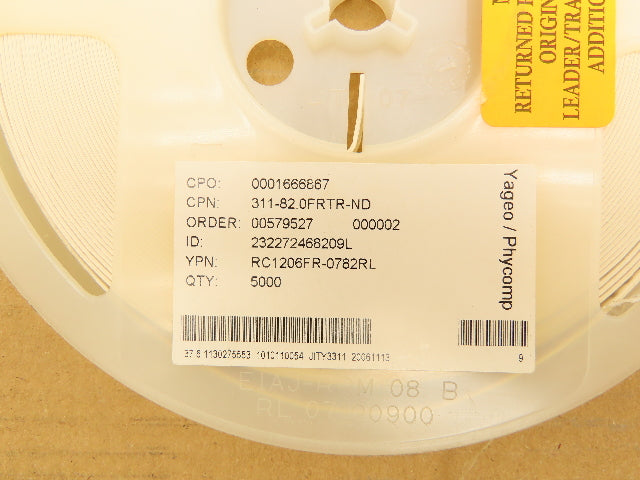 Yageo RC1206FR-0782RL Chip Resistor Tape And Reel 82 Ohms ± 1% 1/4W 5000 Pcs