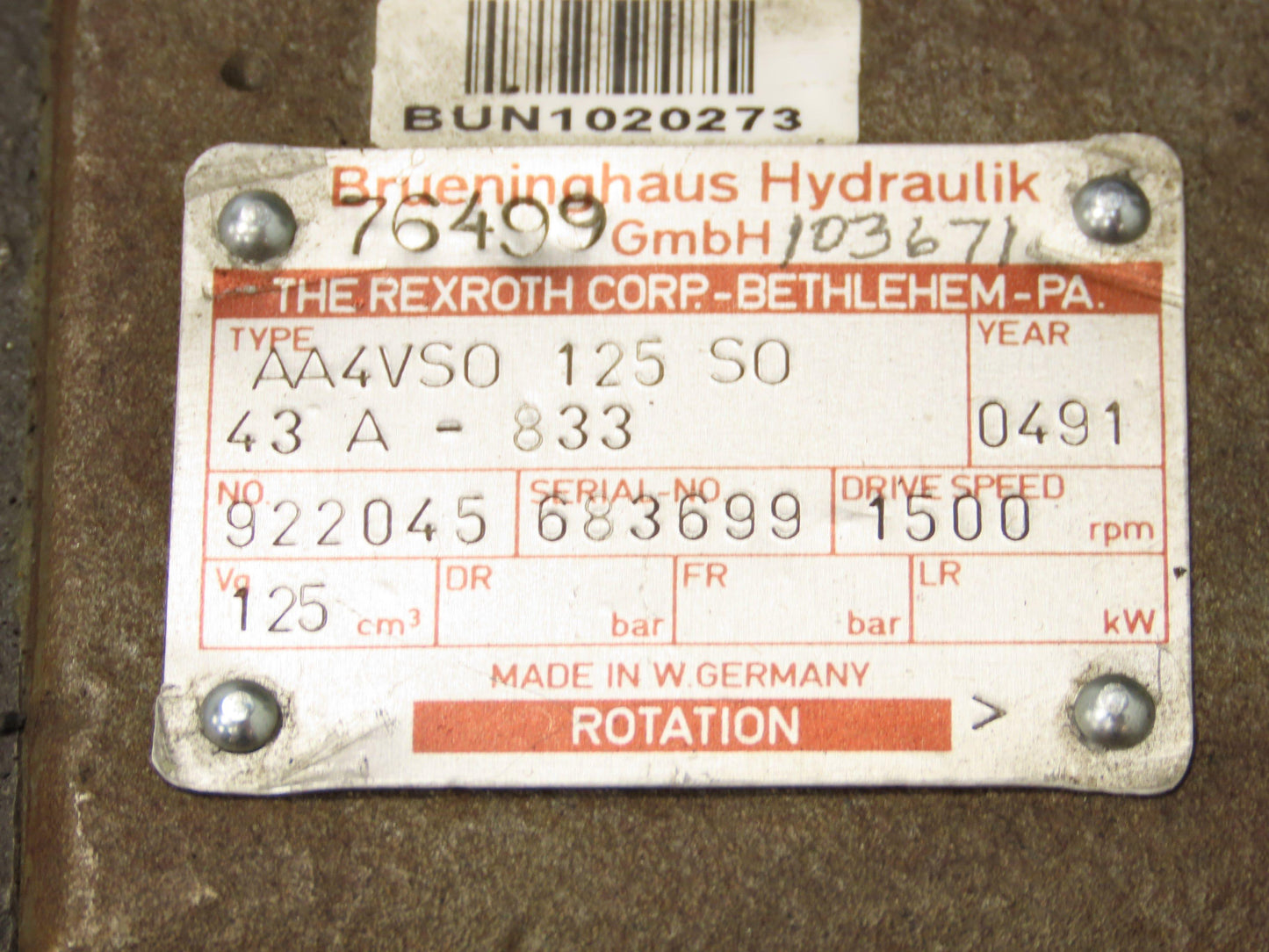 Brueninghaus Rexroth AA4VSO 125 SO Axial Piston Variable Hydraulic Pump 50GPM