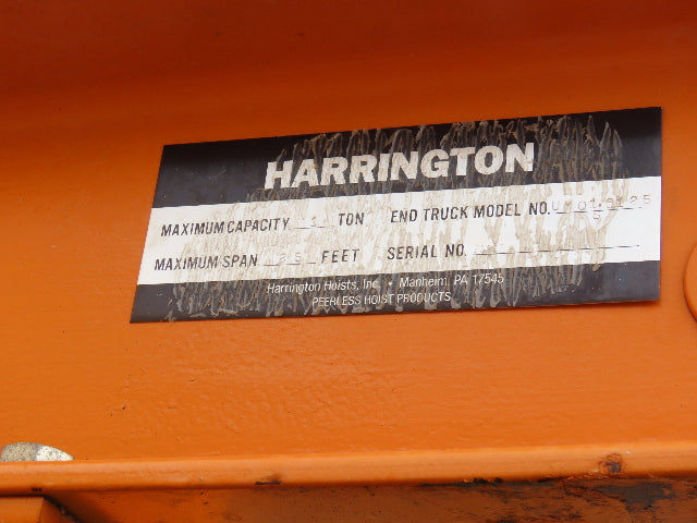 Harrington 1 Ton Single Girder Underhung Bridge Crane 17' Span w/Chain Hoist