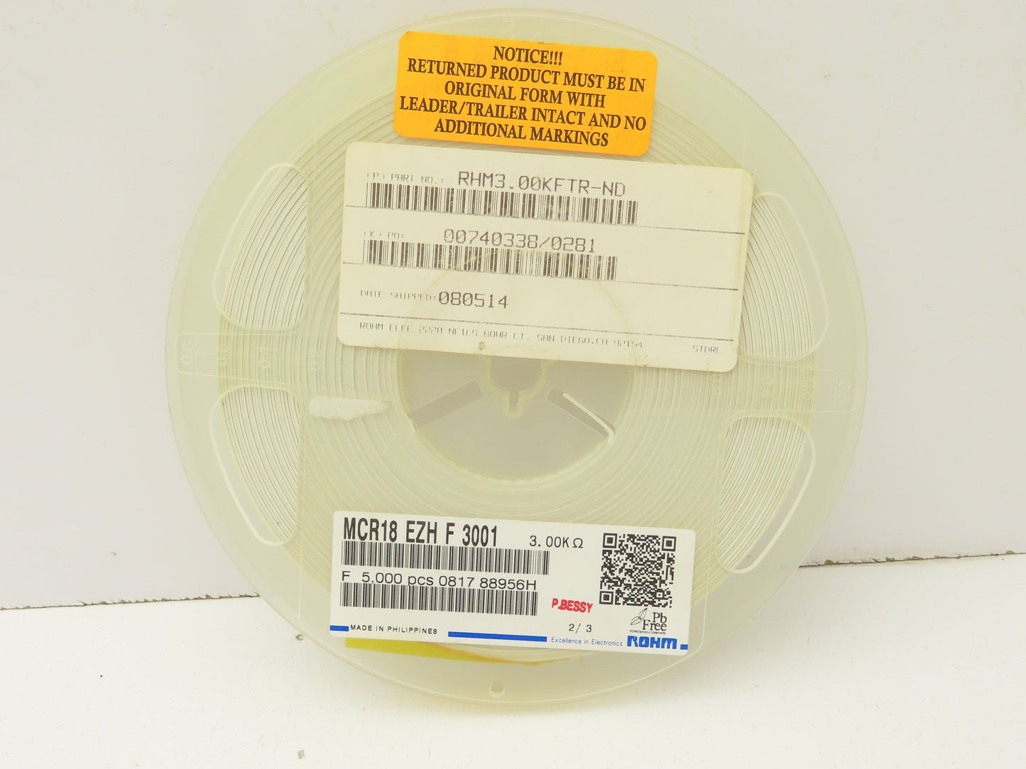 Rohm MCR18EZHF3001 Chip Resistor Tape And Reel 3 kOhms ± 1% 1/4W 5000 Pcs