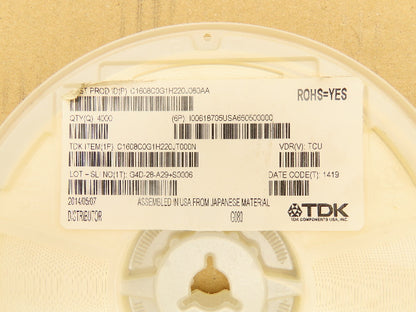 TDK C1608C0G1H220J080AA 
Ceramic Capacitors 22 pF ± 5% 50V 4000 Pieces