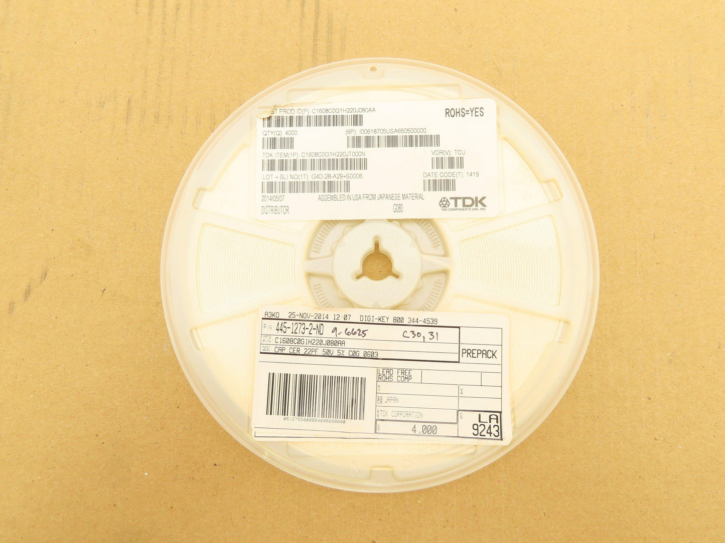 TDK C1608C0G1H220J080AA 
Ceramic Capacitors 22 pF ± 5% 50V 4000 Pieces