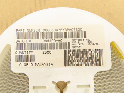 Kemet C0805C475K8PAC7800 Ceramic Capacitors 4.7 µF ± 10% 10V 2500 Pieces