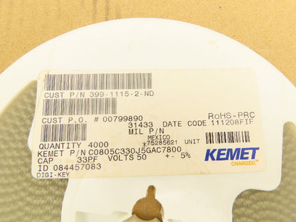 Kemet C0805C330J5GAC7800 Ceramic Capacitors 33 pF ± 5% 50V 4000 Pieces