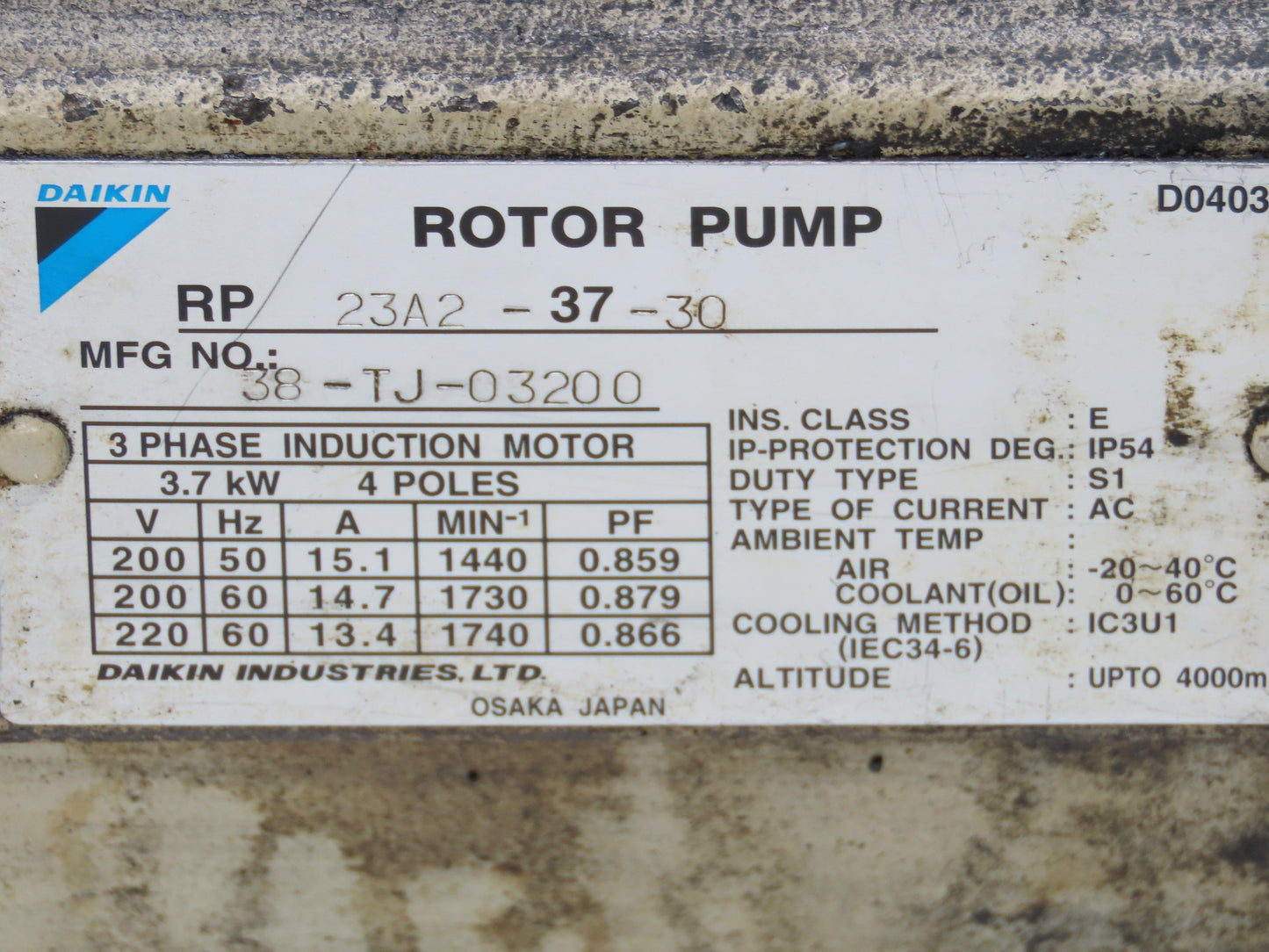 Daikin RP23A2-37-30 Hydraulic Rotor Pump 11gpm 3000psi 5Hp 1740rpm 220V