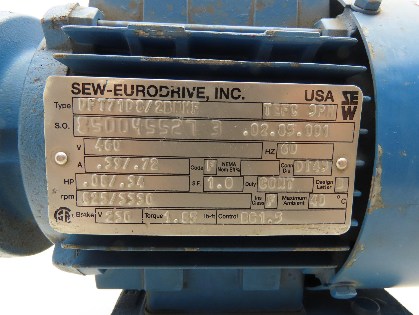 SEW Eurodrive DFT71D8/2BNHF AC Motor 0.34Hp 480V 3330RPM 230V Brake 1.85FT-Lbs