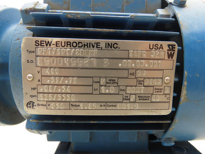 SEW Eurodrive DFT71D8/2BNHF AC Motor 0.34Hp 480V 3330RPM 230V Brake 1.85FT-Lbs