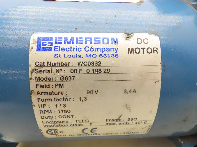 Emerson WC0332 Permanent Magnet DC Motor 90V 3.4A 1/3Hp 1750RPM 56C TEFC