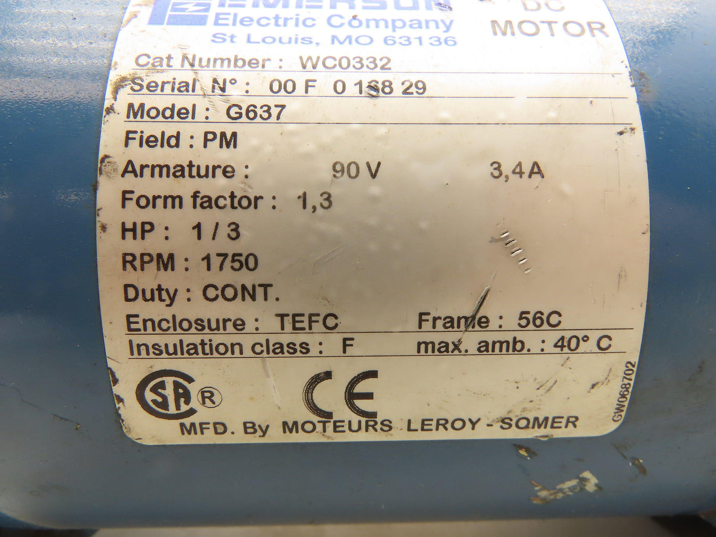 Emerson WC0332 Permanent Magnet DC Motor 90V 3.4A 1/3Hp 1750RPM 56C TEFC
