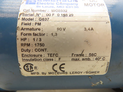 Emerson WC0332 Permanent Magnet DC Motor 90V 3.4A 1/3Hp 1750RPM 56C TEFC