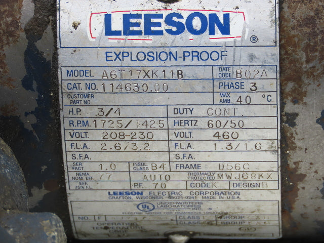 Leeson A6T17XK11B AC Motor .75Hp 1725rpm 230/460V 3PH 56C TEFC Explosion Proof
