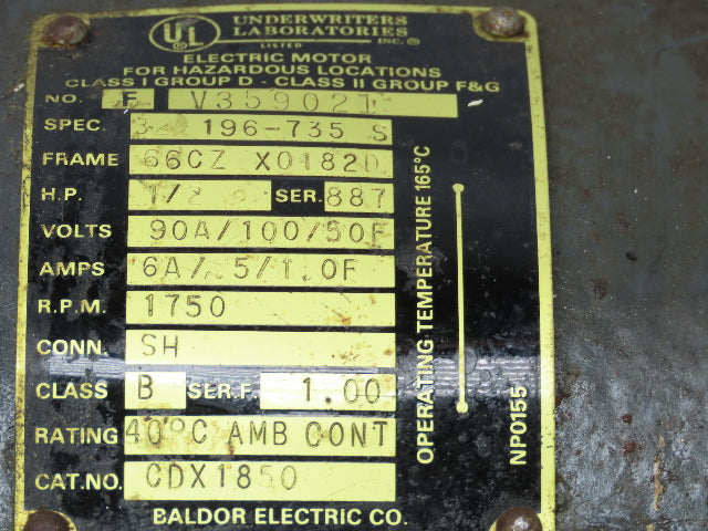 Baldor CDX1850 90V DC Motor .5Hp 1750rpm 3PH 66/182CZ XPFC Explosion Proof