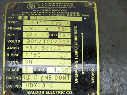 Baldor CDX1850 90V DC Motor .5Hp 1750rpm 3PH 66/182CZ XPFC Explosion Proof