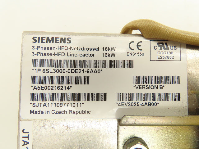 Siemens 6SL3000-0DE21-6AA0 Line Reactor 16kW Input 380/480V 3Phase