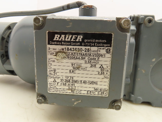 Bauer M1843690-25 Gearmotor 91RPM 17.73:1  0.55kw 208Delta 3Ph 21Nm DC Brake