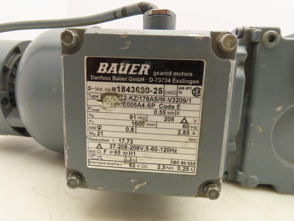 Bauer M1843690-25 Gearmotor 91RPM 17.73:1  0.55kw 208Delta 3Ph 21Nm DC Brake