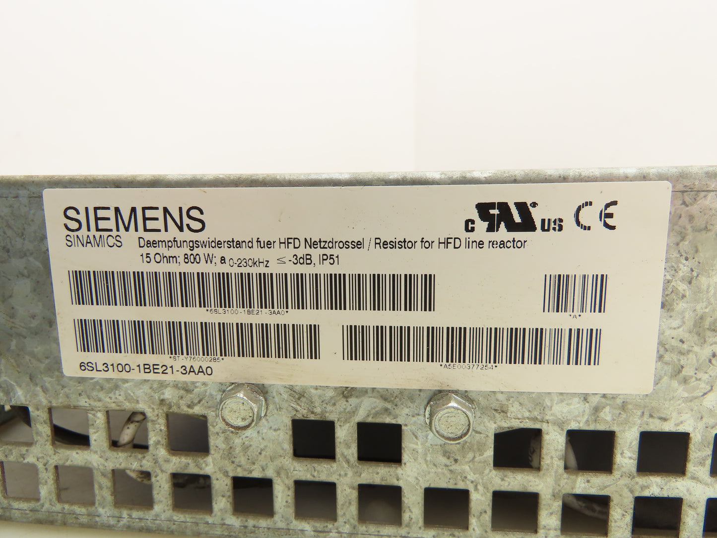 Siemens 6SL3100-1BE21-3AA0 Resistor For HFD Line Reactor 15 Ohms 800W