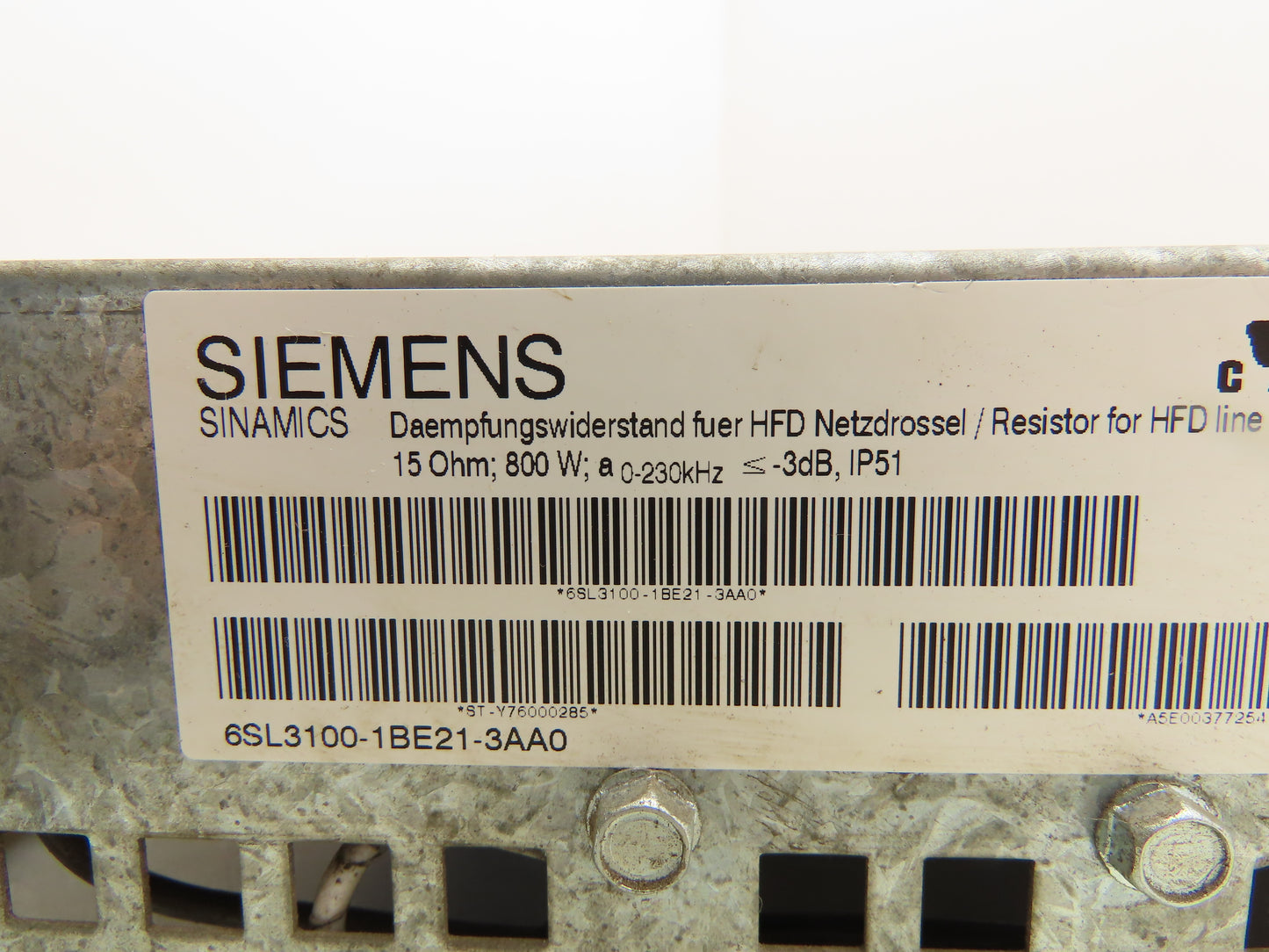 Siemens 6SL3100-1BE21-3AA0 Resistor For HFD Line Reactor 15 Ohms 800W