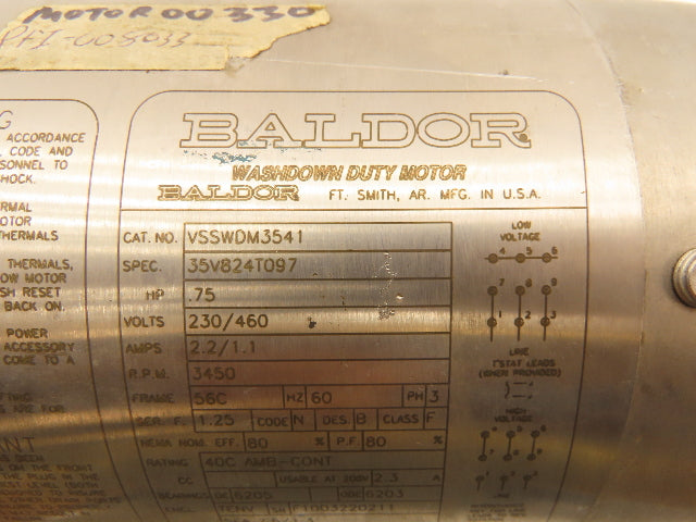 Baldor VSSWDM3541 Electric Motor Wash Down Duty .75Hp 230/460V 3450RPM 3Ph 56C