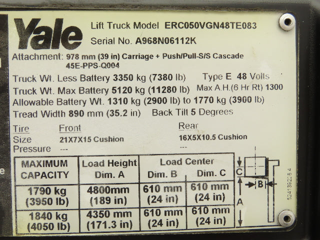 Yale ERC050VGN48TE083 Electric Forklift 189" 3 Stage Mast 4050lb Class II