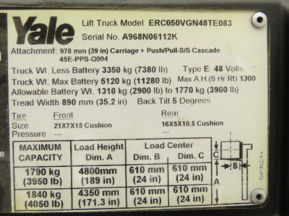 Yale ERC050VGN48TE083 Electric Forklift 189" 3 Stage Mast 4050lb Class II