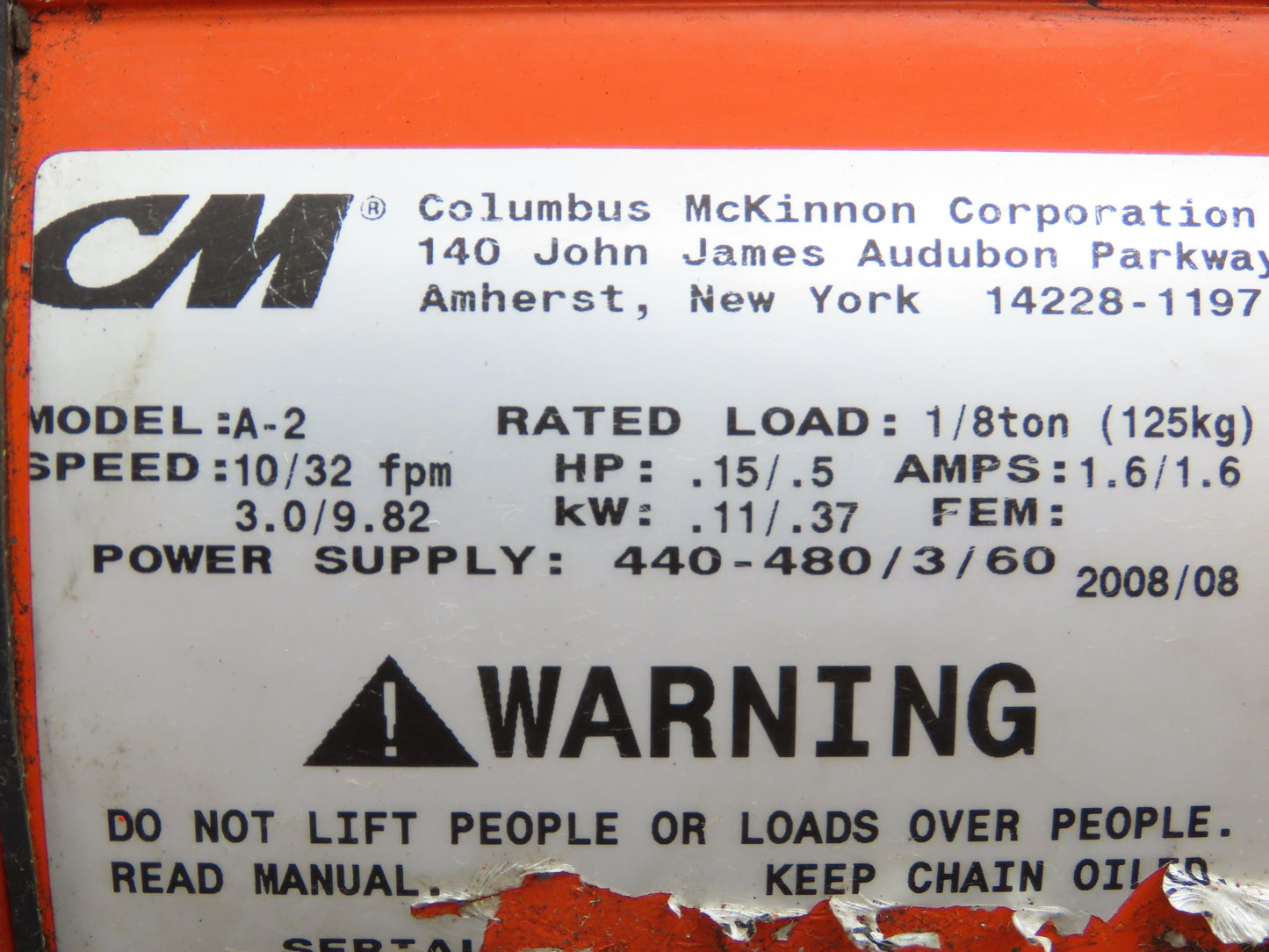 CM Lodestar A2 Electric Chain Hoist 1/8 Ton 10/32 FPM 2 Speed 14' Lift 460 Volt