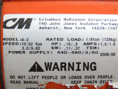 CM Lodestar A2 Electric Chain Hoist 1/8 Ton 10/32 FPM 2 Speed 14' Lift 460 Volt