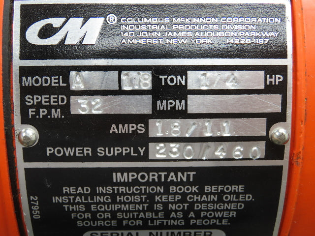 CM Lodestar A Electric Chain Hoist 1/8 Ton 250 LB 32 FPM 9' Lift 230/460 Volt