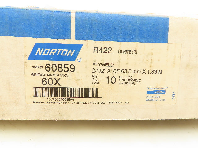Norton R422 Durite Abrasive Belts 2-1/2"x72" Plyweld 60 Grit Box Of 10