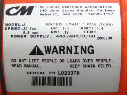 CM Lodestar Electric Chain Hoist 1/8 Ton 32 FPM Variable Speed 9' Lift 460V