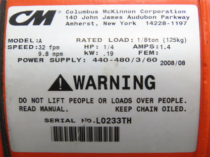 CM Lodestar Electric Chain Hoist 1/8 Ton 32 FPM Variable Speed 9' Lift 460V