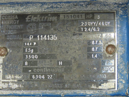 Elektrim CC025A 151041 AC Motor 5HP 3500 RPM 3PH 230YY/46Y 164T
