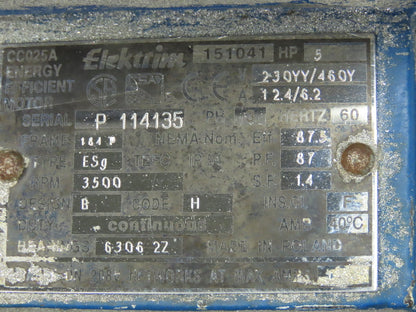 Elektrim CC025A 151041 AC Motor 5HP 3500 RPM 3PH 230YY/46Y 164T