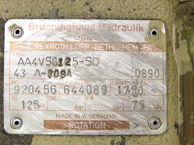 Brueninghaus Rexroth AA4VS0125-SO-43 Variable Piston Pump 59gpm 5000psi