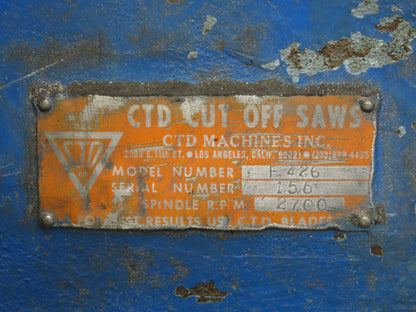 CTD F426 Straight Cut-Off Saw 16" Blade 2700 RPM 5 Hp 3Ph Air Foot Control 90°