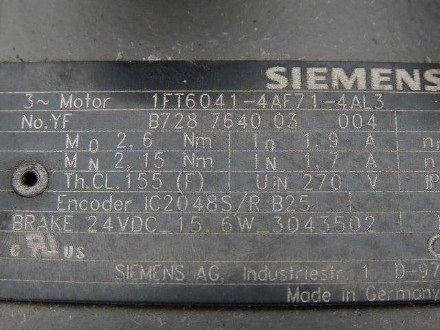 Siemens 1FT6041-4AF71-4AL3 Servo Motor 270V 7700 RPM 3PH Encoder IC2048S/R B25