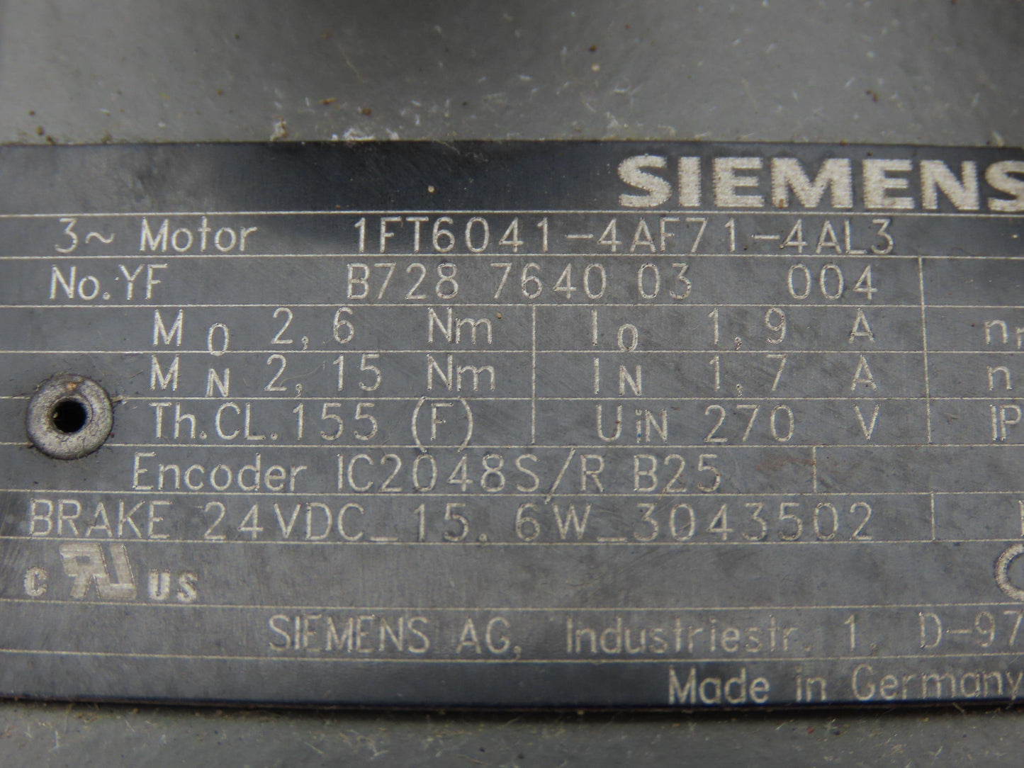 Siemens 1FT6041-4AF71-4AL3 Servo Motor 270V 7700 RPM 3PH Encoder IC2048S/R B25