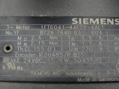 Siemens 1FT6041-4AF71-4AL3 Servo Motor 270V 7700 RPM 3PH Encoder IC2048S/R B25