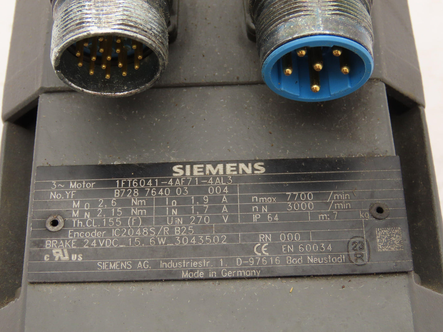 Siemens 1FT6041-4AF71-4AL3 Servo Motor 270V 7700 RPM 3PH Encoder IC2048S/R B25