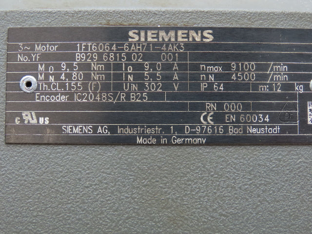 Siemens 1FT6064-6AH71-4AK3 Servo Motor 302V 9100 RPM 3PH Encoder IC2048S/R B25